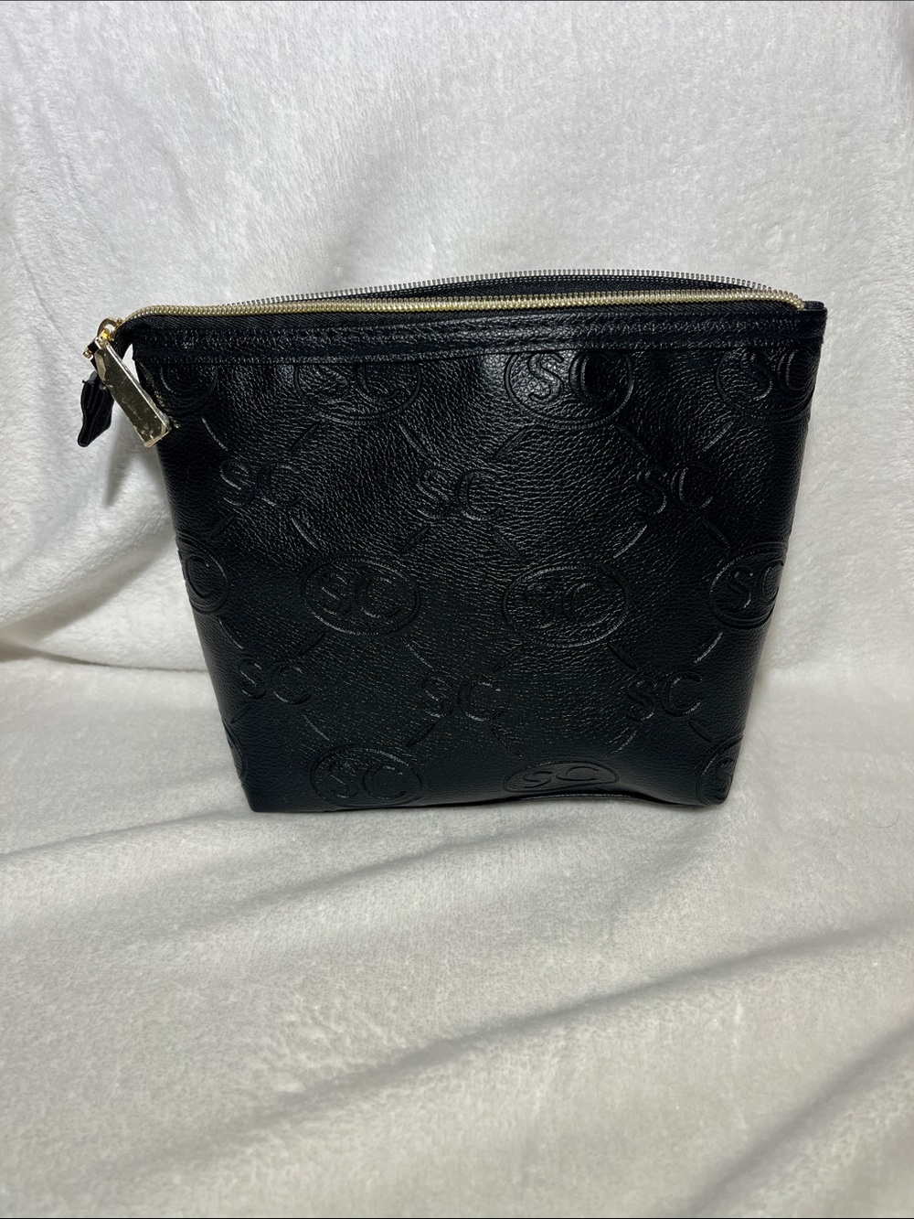 Black Embossed Synthetic Zip Pouch/Makeup/ Toiletry Bag Free add on